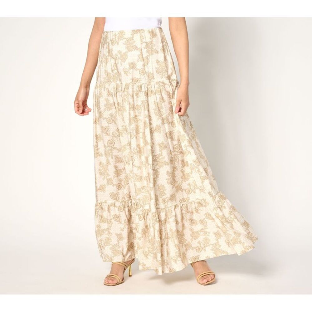 Peace Love World Women's Petite Skirt PS Boheme Printed Tiered Maxi Brown